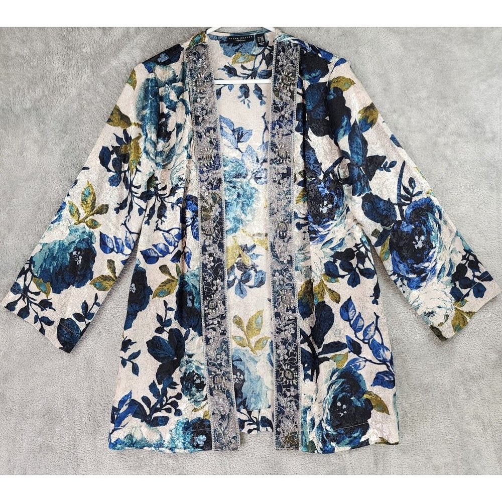 Susan Graver Artisan‎ Cardigan Womens XXSP Silver Blue Floral Beaded Open Front